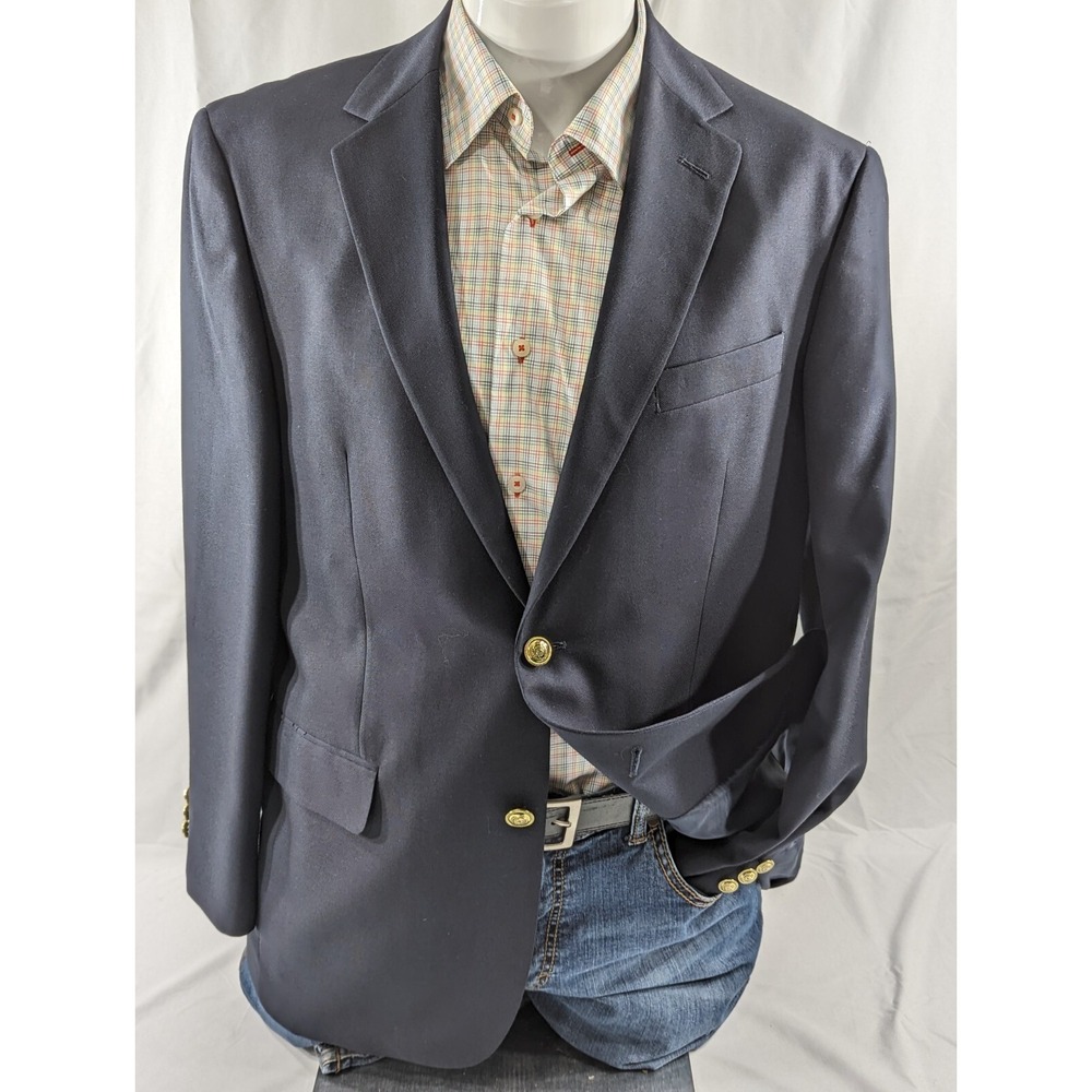 Stafford Blazer Sport Coat Travel Jacket Poly Blend Gold Metal Buttons‎ 40R Navy